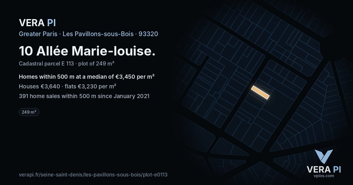 10 Allée Marie-louise, Les Pavillons-sous-Bois at night – the plot lit, the parcels around coloured by the prices near them
