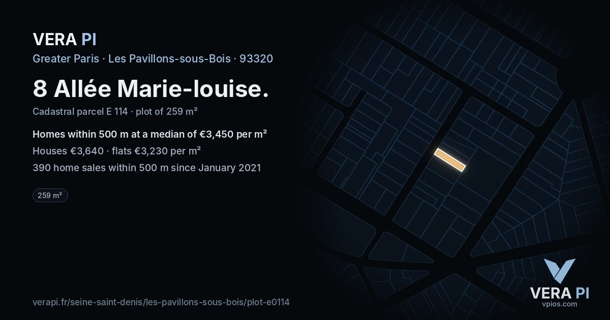 8 Allée Marie-louise, Les Pavillons-sous-Bois at night – the plot lit, the parcels around coloured by the prices near them