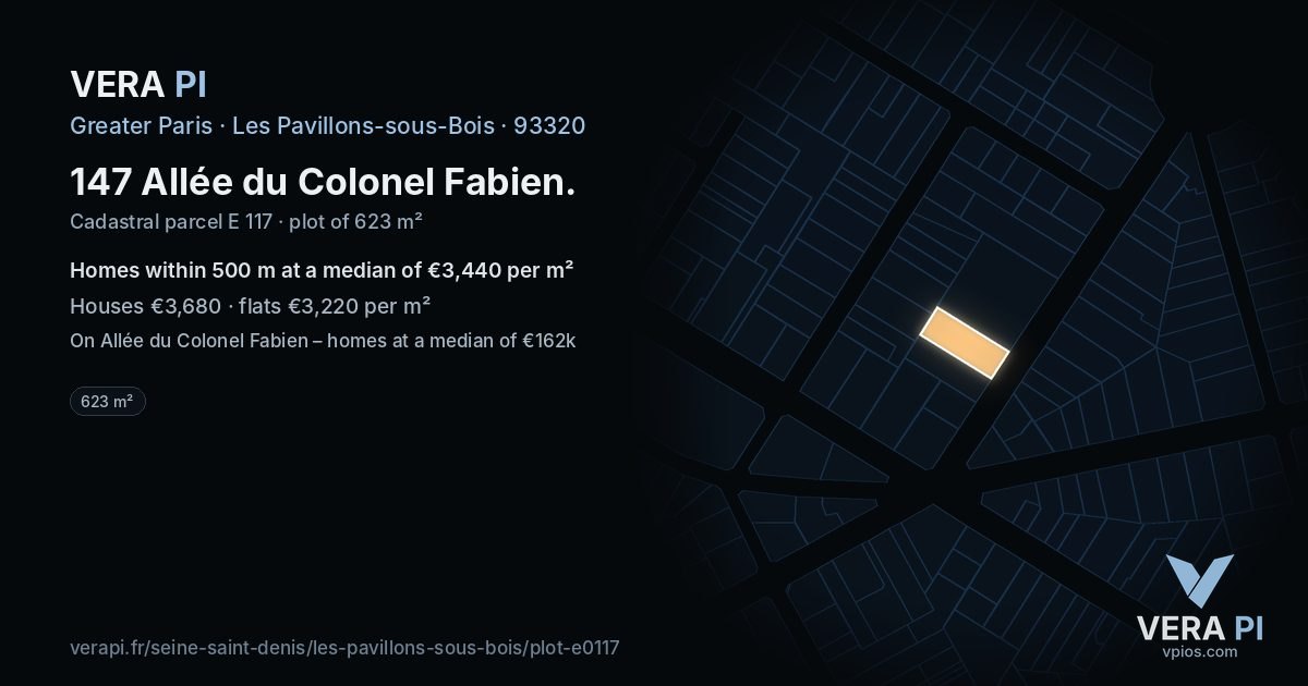 147 Allée du Colonel Fabien, Les Pavillons-sous-Bois at night – the plot lit, the parcels around coloured by the prices near them