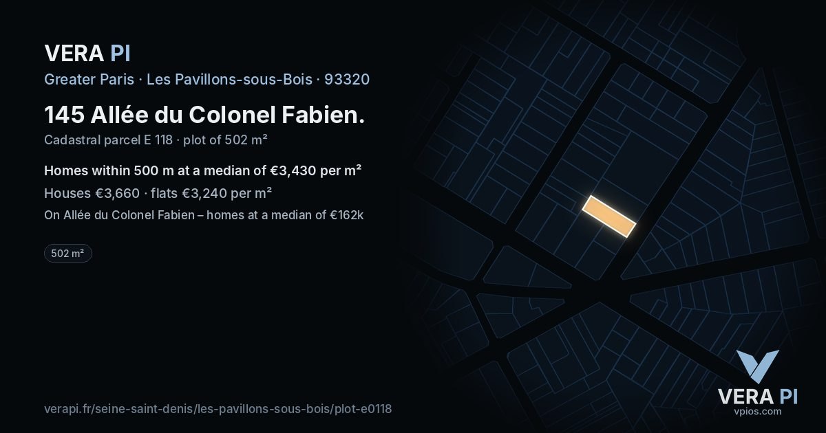 145 Allée du Colonel Fabien, Les Pavillons-sous-Bois at night – the plot lit, the parcels around coloured by the prices near them