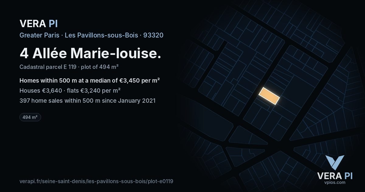 4 Allée Marie-louise, Les Pavillons-sous-Bois at night – the plot lit, the parcels around coloured by the prices near them