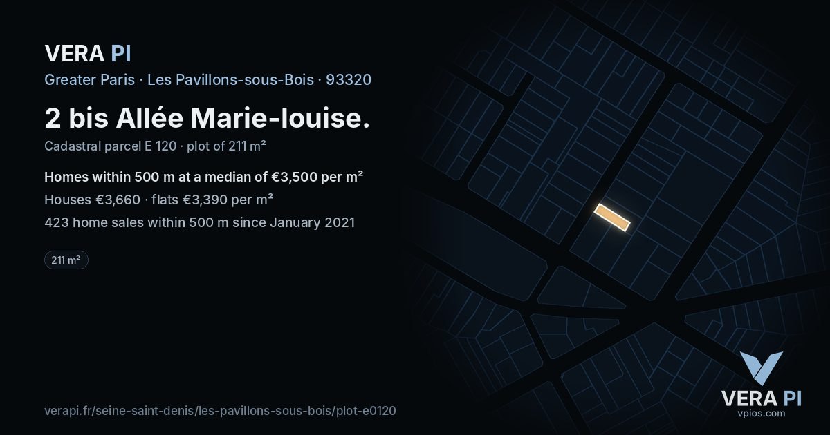 2 bis Allée Marie-louise, Les Pavillons-sous-Bois at night – the plot lit, the parcels around coloured by the prices near them