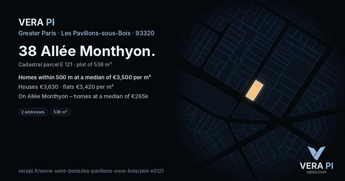 38 Allée Monthyon, Les Pavillons-sous-Bois at night – the plot lit, the parcels around coloured by the prices near them