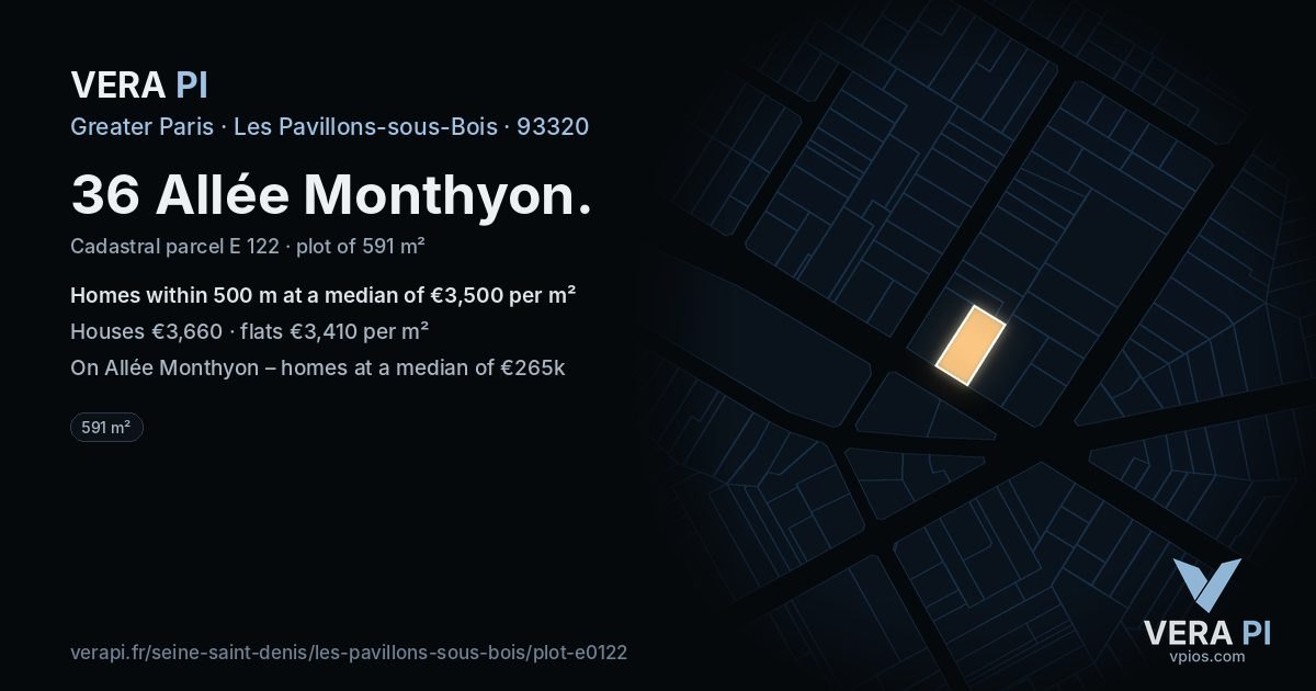 36 Allée Monthyon, Les Pavillons-sous-Bois at night – the plot lit, the parcels around coloured by the prices near them