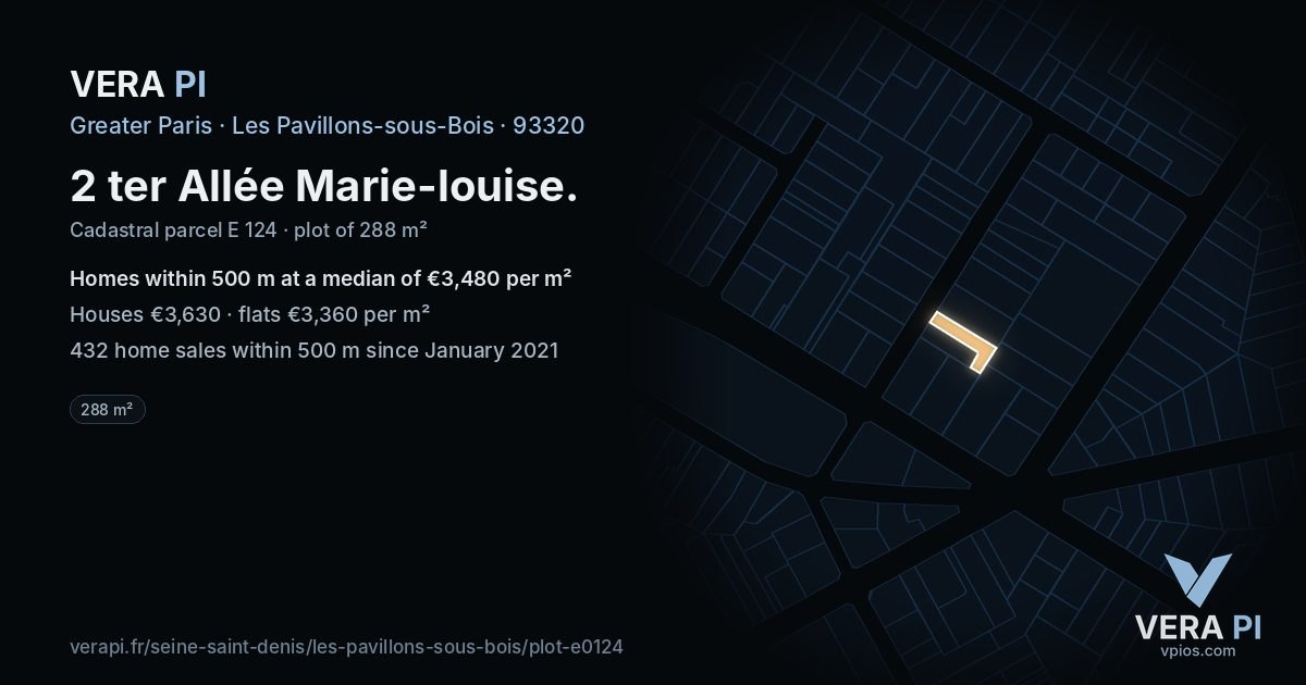 2 ter Allée Marie-louise, Les Pavillons-sous-Bois at night – the plot lit, the parcels around coloured by the prices near them