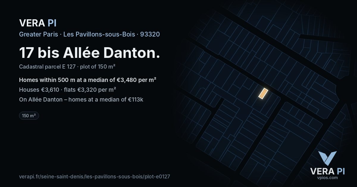 17 bis Allée Danton, Les Pavillons-sous-Bois at night – the plot lit, the parcels around coloured by the prices near them