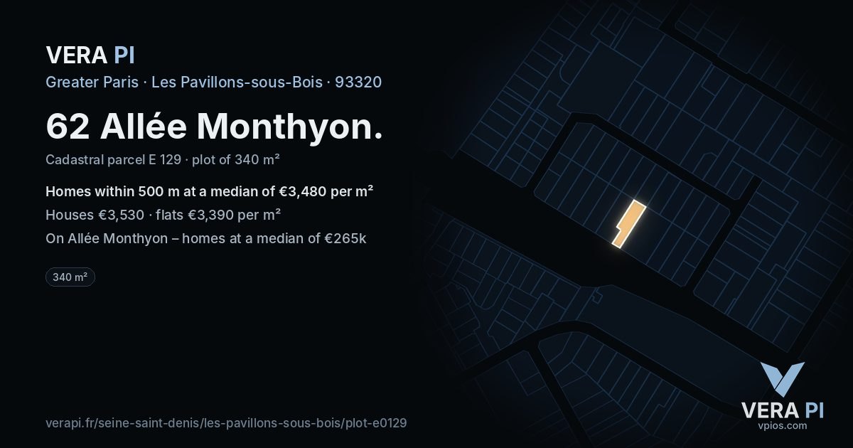 62 Allée Monthyon, Les Pavillons-sous-Bois at night – the plot lit, the parcels around coloured by the prices near them