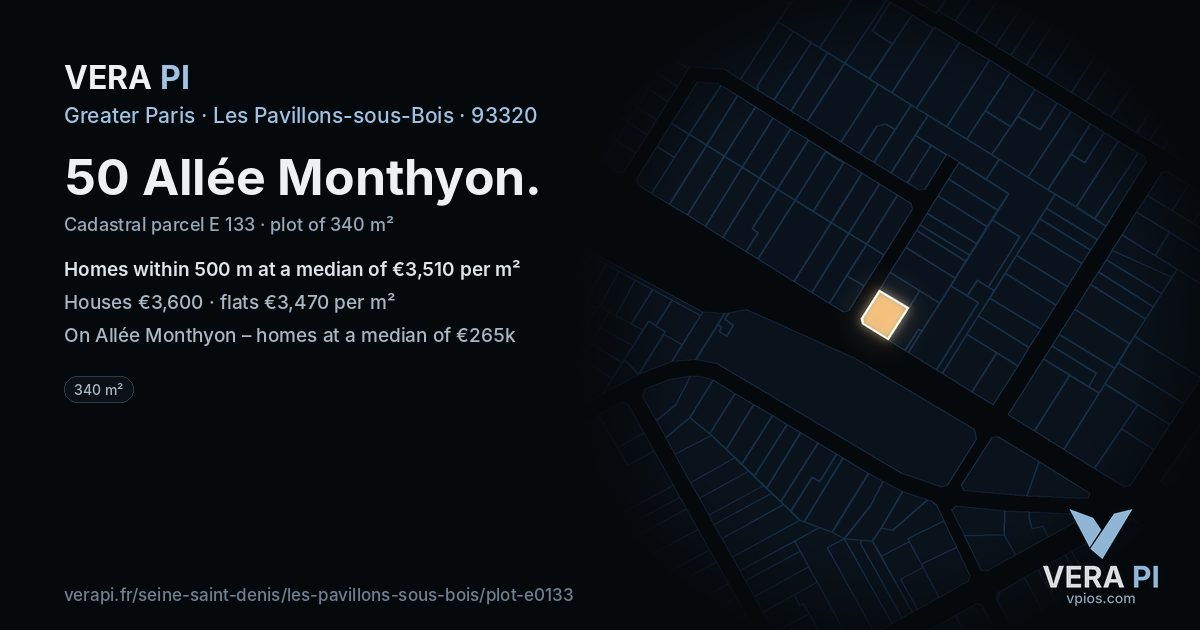 50 Allée Monthyon, Les Pavillons-sous-Bois at night – the plot lit, the parcels around coloured by the prices near them
