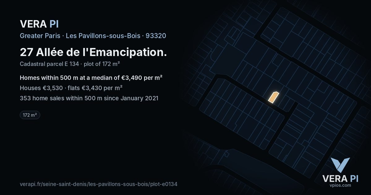 27 Allée de l'Emancipation, Les Pavillons-sous-Bois at night – the plot lit, the parcels around coloured by the prices near them