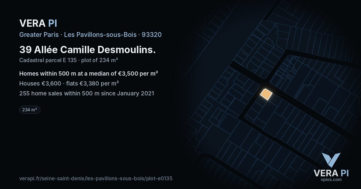 39 Allée Camille Desmoulins, Les Pavillons-sous-Bois at night – the plot lit, the parcels around coloured by the prices near them