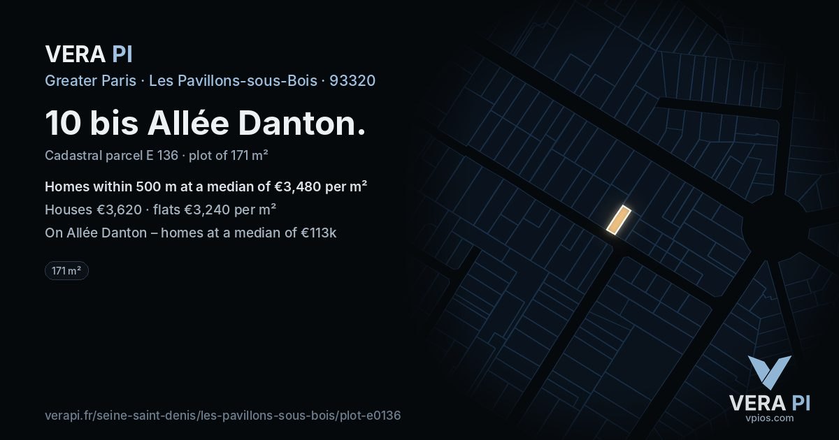 10 bis Allée Danton, Les Pavillons-sous-Bois at night – the plot lit, the parcels around coloured by the prices near them