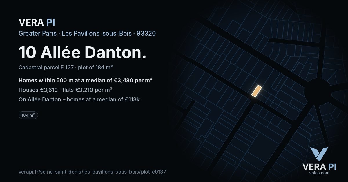 10 Allée Danton, Les Pavillons-sous-Bois at night – the plot lit, the parcels around coloured by the prices near them