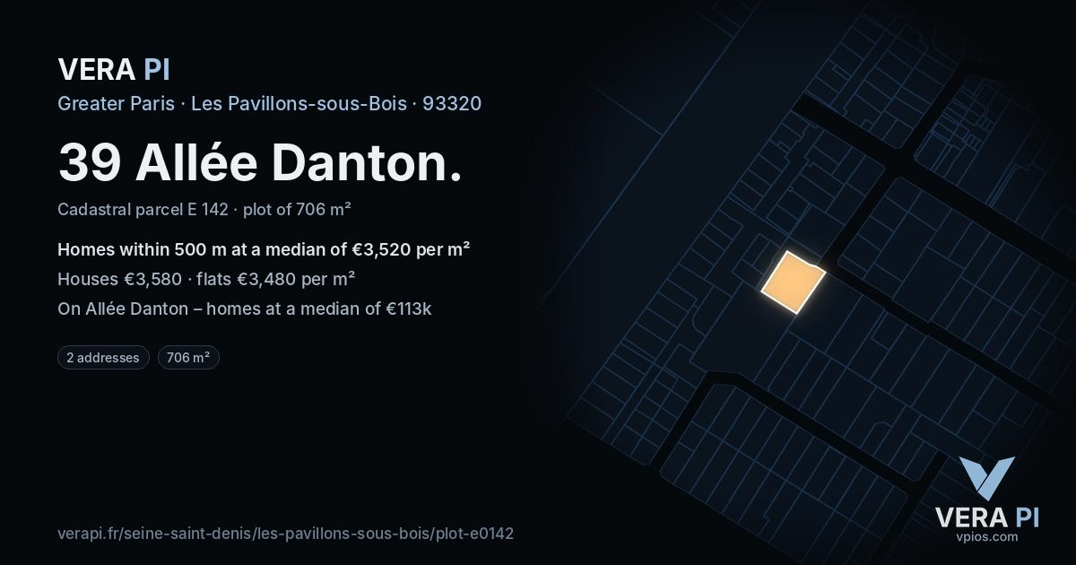 39 Allée Danton, Les Pavillons-sous-Bois at night – the plot lit, the parcels around coloured by the prices near them