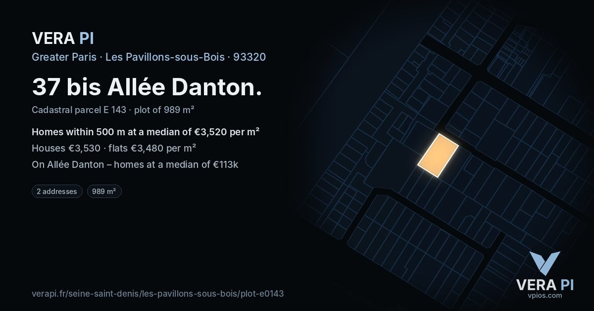 37 bis Allée Danton, Les Pavillons-sous-Bois at night – the plot lit, the parcels around coloured by the prices near them