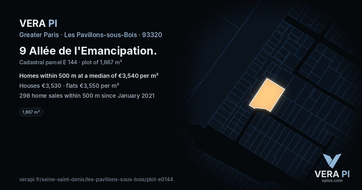 9 Allée de l'Emancipation, Les Pavillons-sous-Bois at night – the plot lit, the parcels around coloured by the prices near them