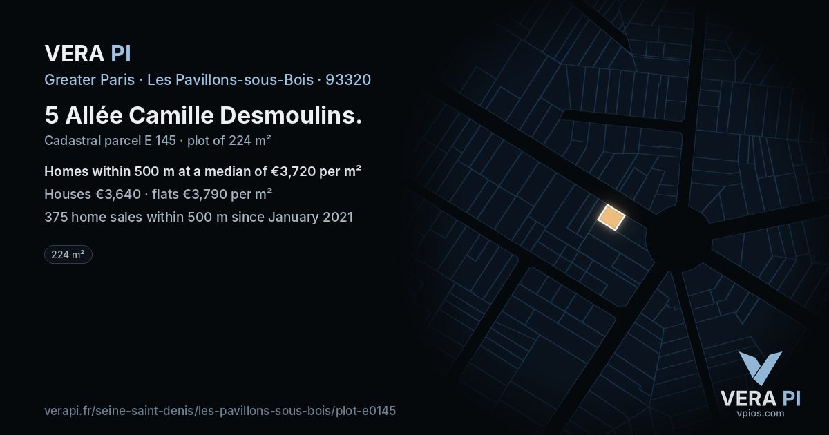 5 Allée Camille Desmoulins, Les Pavillons-sous-Bois at night – the plot lit, the parcels around coloured by the prices near them