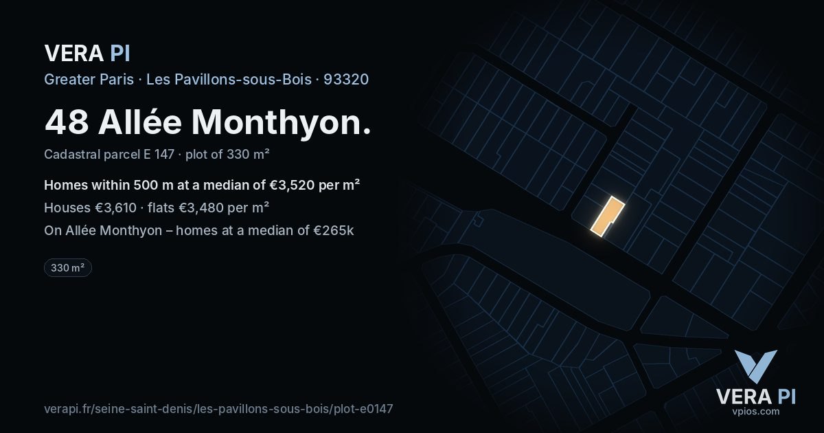 48 Allée Monthyon, Les Pavillons-sous-Bois at night – the plot lit, the parcels around coloured by the prices near them
