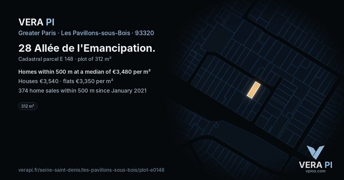 28 Allée de l'Emancipation, Les Pavillons-sous-Bois at night – the plot lit, the parcels around coloured by the prices near them