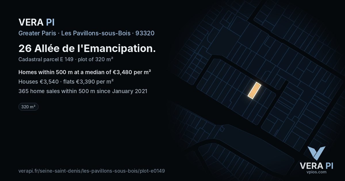 26 Allée de l'Emancipation, Les Pavillons-sous-Bois at night – the plot lit, the parcels around coloured by the prices near them