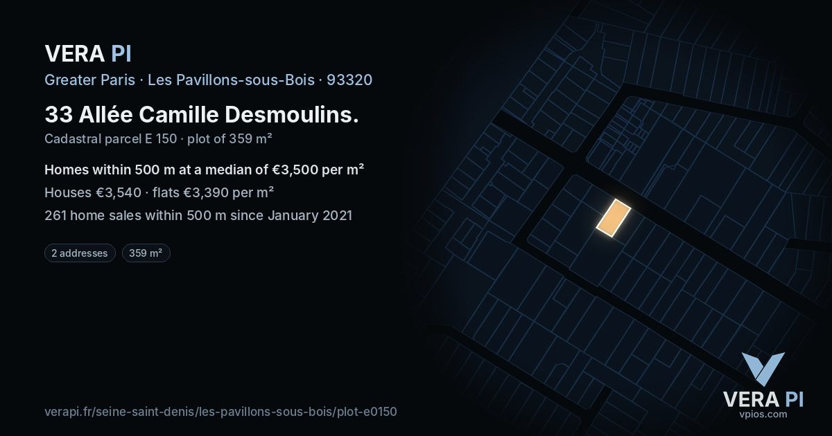 33 Allée Camille Desmoulins, Les Pavillons-sous-Bois at night – the plot lit, the parcels around coloured by the prices near them