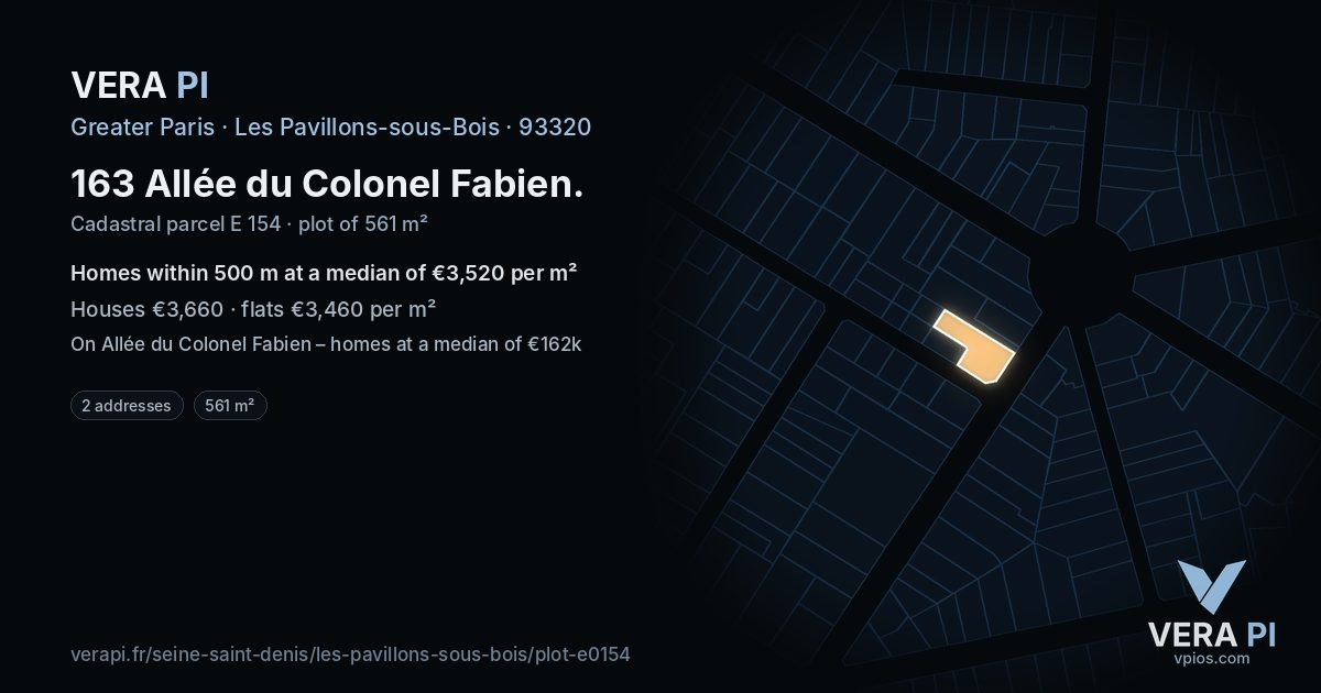 163 Allée du Colonel Fabien, Les Pavillons-sous-Bois at night – the plot lit, the parcels around coloured by the prices near them