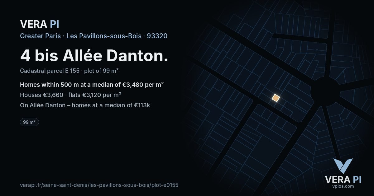 4 bis Allée Danton, Les Pavillons-sous-Bois at night – the plot lit, the parcels around coloured by the prices near them