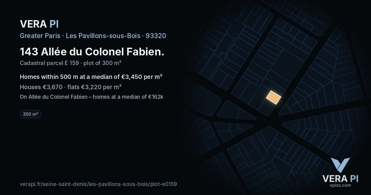 143 Allée du Colonel Fabien, Les Pavillons-sous-Bois at night – the plot lit, the parcels around coloured by the prices near them