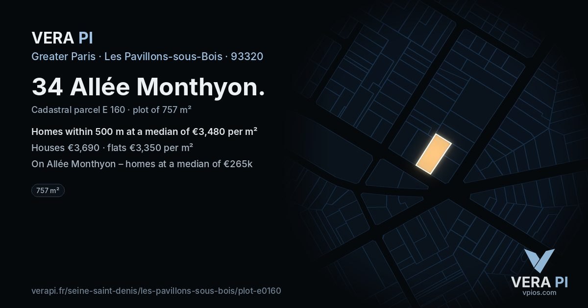 34 Allée Monthyon, Les Pavillons-sous-Bois at night – the plot lit, the parcels around coloured by the prices near them