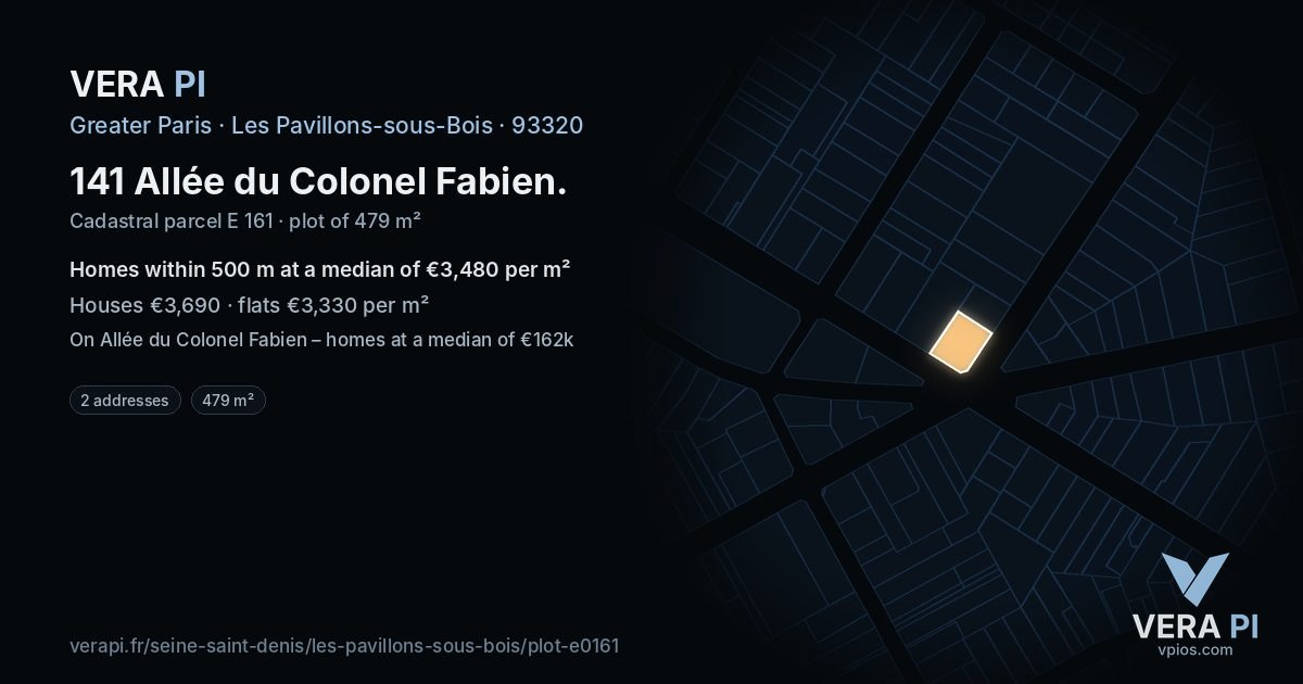 141 Allée du Colonel Fabien, Les Pavillons-sous-Bois at night – the plot lit, the parcels around coloured by the prices near them