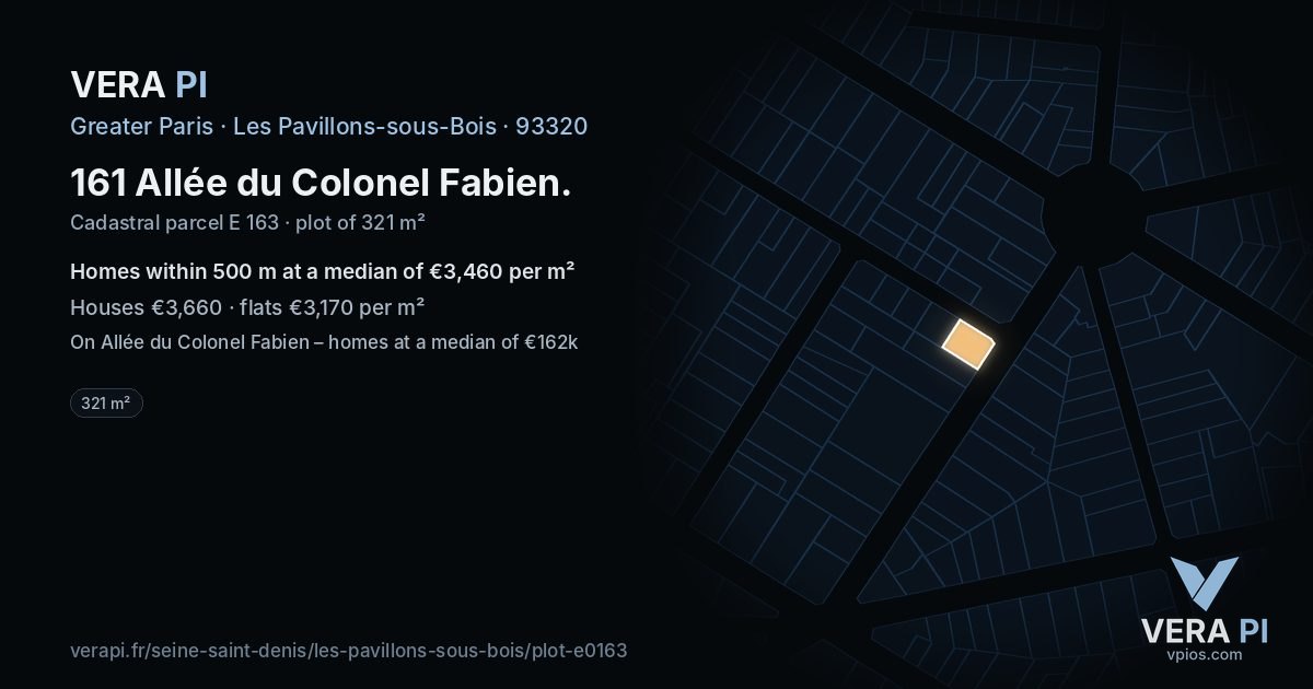 161 Allée du Colonel Fabien, Les Pavillons-sous-Bois at night – the plot lit, the parcels around coloured by the prices near them