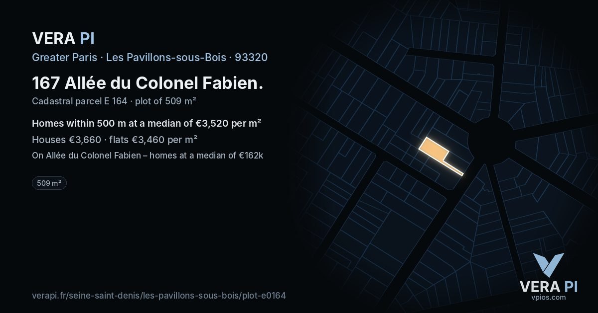 167 Allée du Colonel Fabien, Les Pavillons-sous-Bois at night – the plot lit, the parcels around coloured by the prices near them