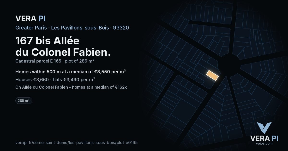 167 bis Allée du Colonel Fabien, Les Pavillons-sous-Bois at night – the plot lit, the parcels around coloured by the prices near them