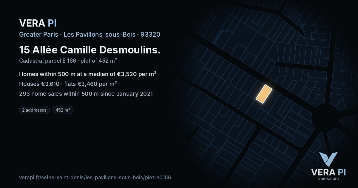 15 Allée Camille Desmoulins, Les Pavillons-sous-Bois at night – the plot lit, the parcels around coloured by the prices near them