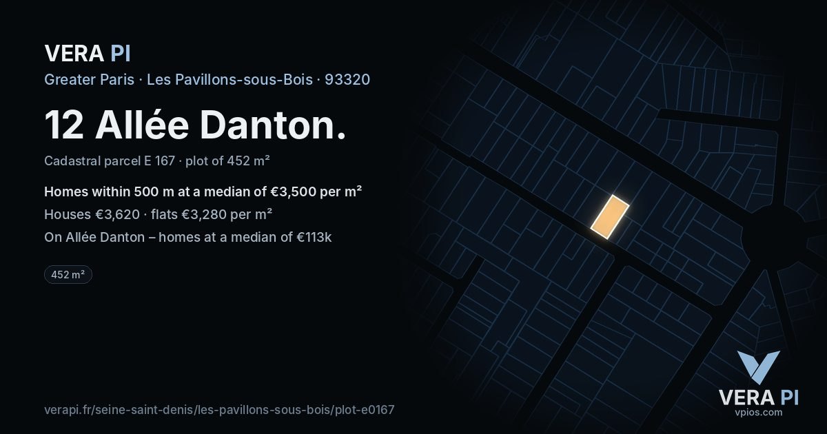 12 Allée Danton, Les Pavillons-sous-Bois at night – the plot lit, the parcels around coloured by the prices near them