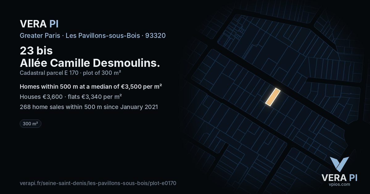 23 bis Allée Camille Desmoulins, Les Pavillons-sous-Bois at night – the plot lit, the parcels around coloured by the prices near them