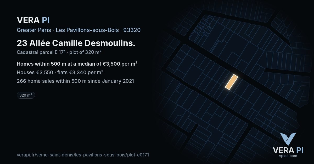 23 Allée Camille Desmoulins, Les Pavillons-sous-Bois at night – the plot lit, the parcels around coloured by the prices near them