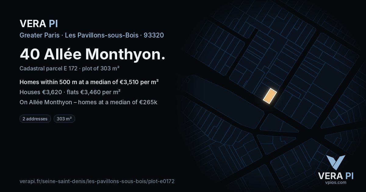 40 Allée Monthyon, Les Pavillons-sous-Bois at night – the plot lit, the parcels around coloured by the prices near them