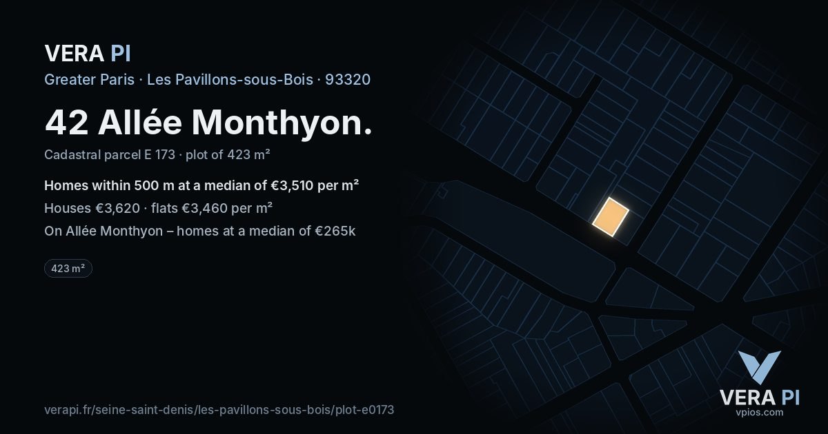 42 Allée Monthyon, Les Pavillons-sous-Bois at night – the plot lit, the parcels around coloured by the prices near them