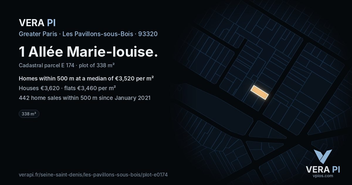 1 Allée Marie-louise, Les Pavillons-sous-Bois at night – the plot lit, the parcels around coloured by the prices near them