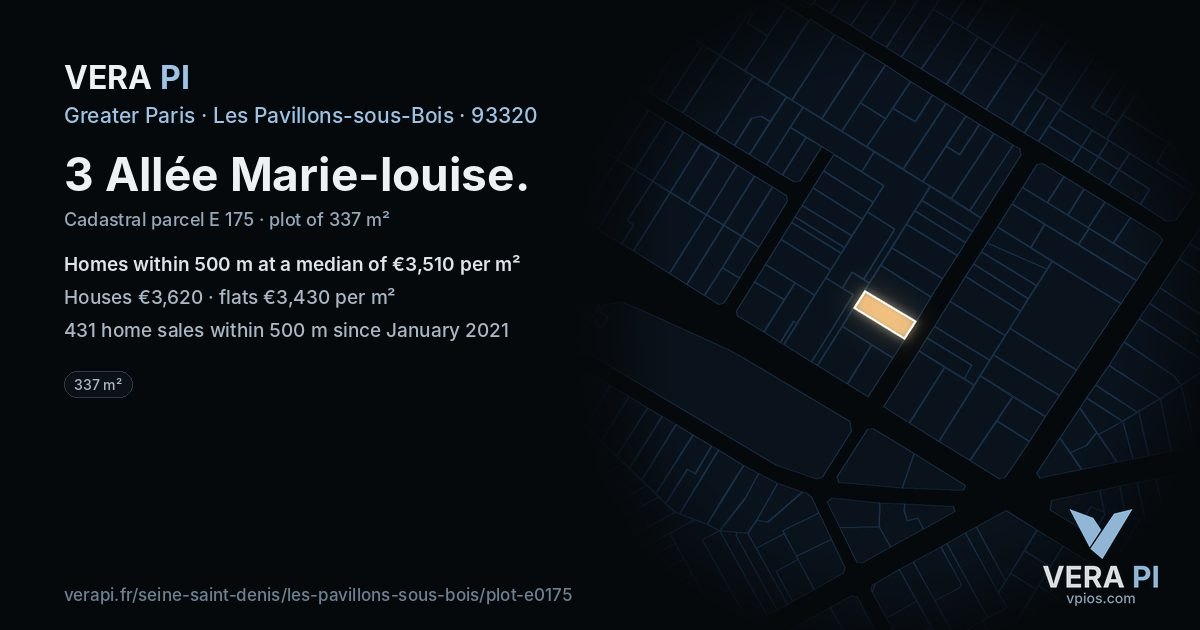 3 Allée Marie-louise, Les Pavillons-sous-Bois at night – the plot lit, the parcels around coloured by the prices near them
