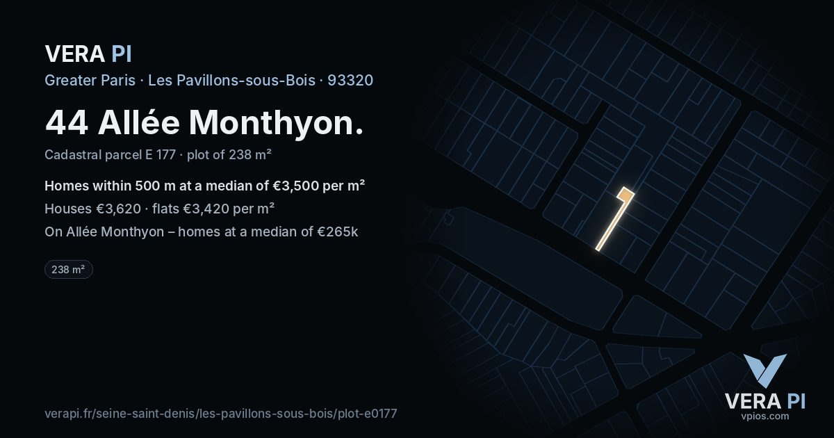 44 Allée Monthyon, Les Pavillons-sous-Bois at night – the plot lit, the parcels around coloured by the prices near them