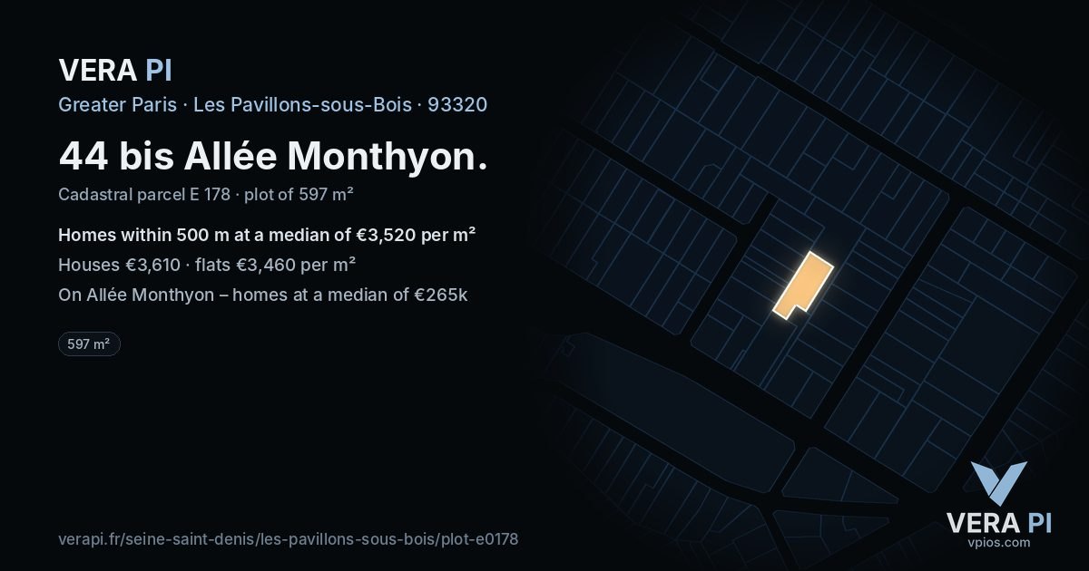 44 bis Allée Monthyon, Les Pavillons-sous-Bois at night – the plot lit, the parcels around coloured by the prices near them