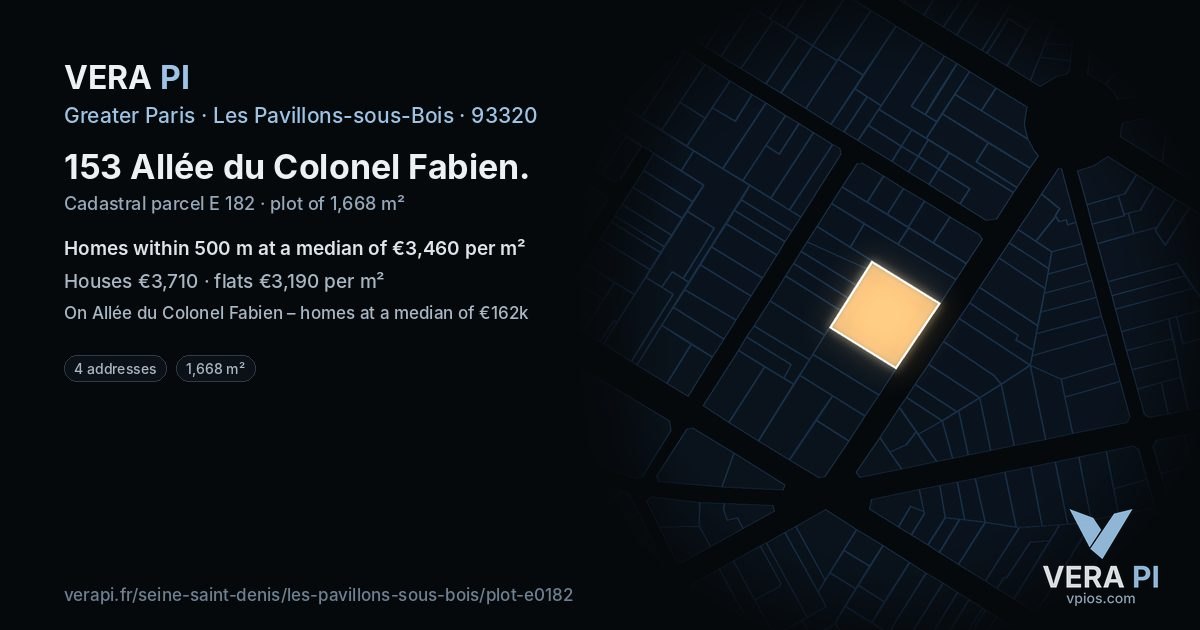 153 Allée du Colonel Fabien, Les Pavillons-sous-Bois at night – the plot lit, the parcels around coloured by the prices near them