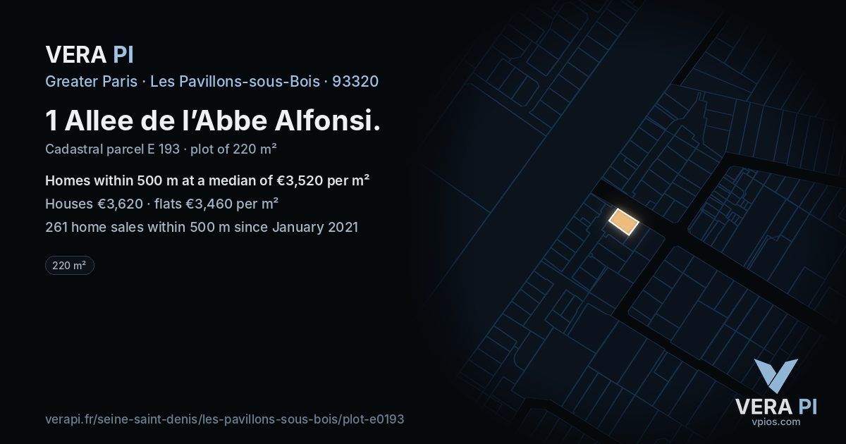 1 Allee de l’Abbe Alfonsi, Les Pavillons-sous-Bois at night – the plot lit, the parcels around coloured by the prices near them
