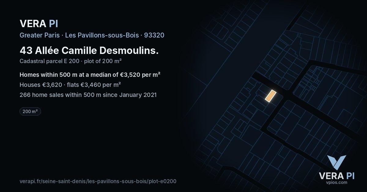 43 Allée Camille Desmoulins, Les Pavillons-sous-Bois at night – the plot lit, the parcels around coloured by the prices near them
