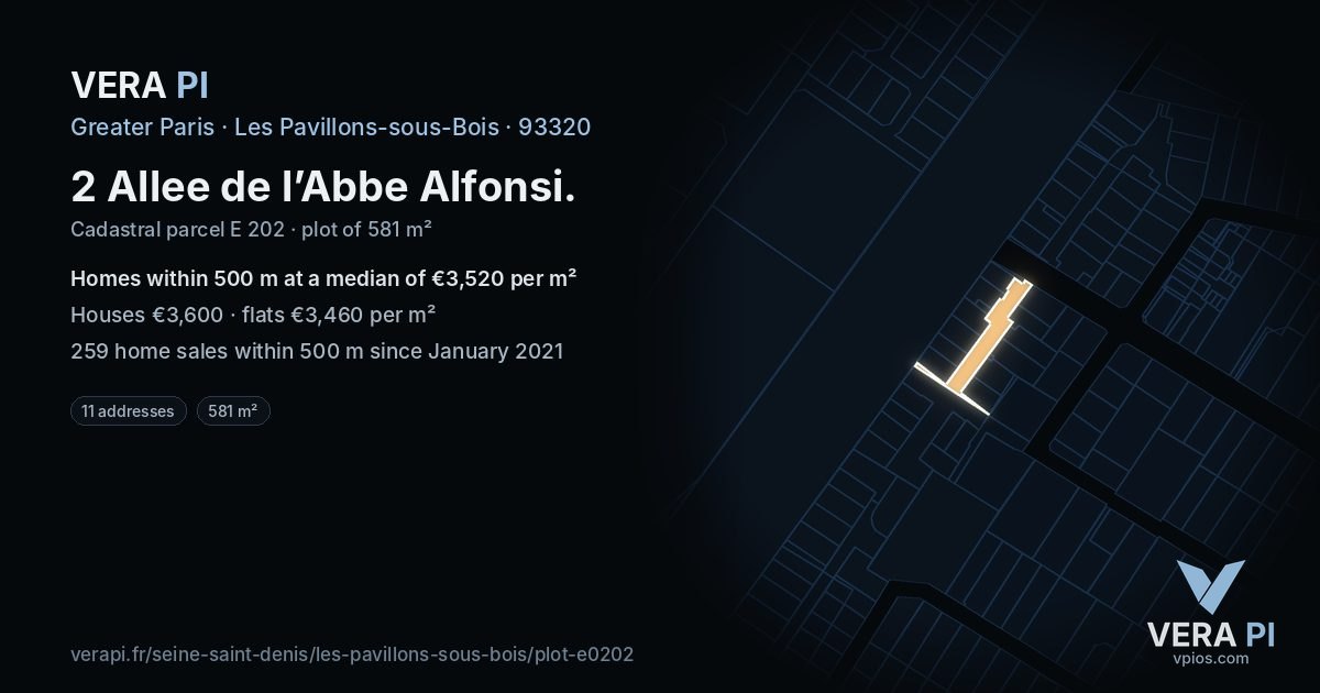 2 Allee de l’Abbe Alfonsi, Les Pavillons-sous-Bois at night – the plot lit, the parcels around coloured by the prices near them