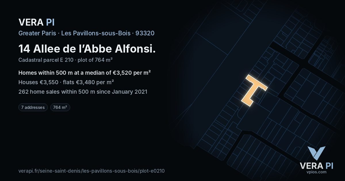 14 Allee de l’Abbe Alfonsi, Les Pavillons-sous-Bois at night – the plot lit, the parcels around coloured by the prices near them