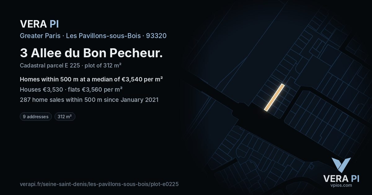 3 Allee du Bon Pecheur, Les Pavillons-sous-Bois at night – the plot lit, the parcels around coloured by the prices near them