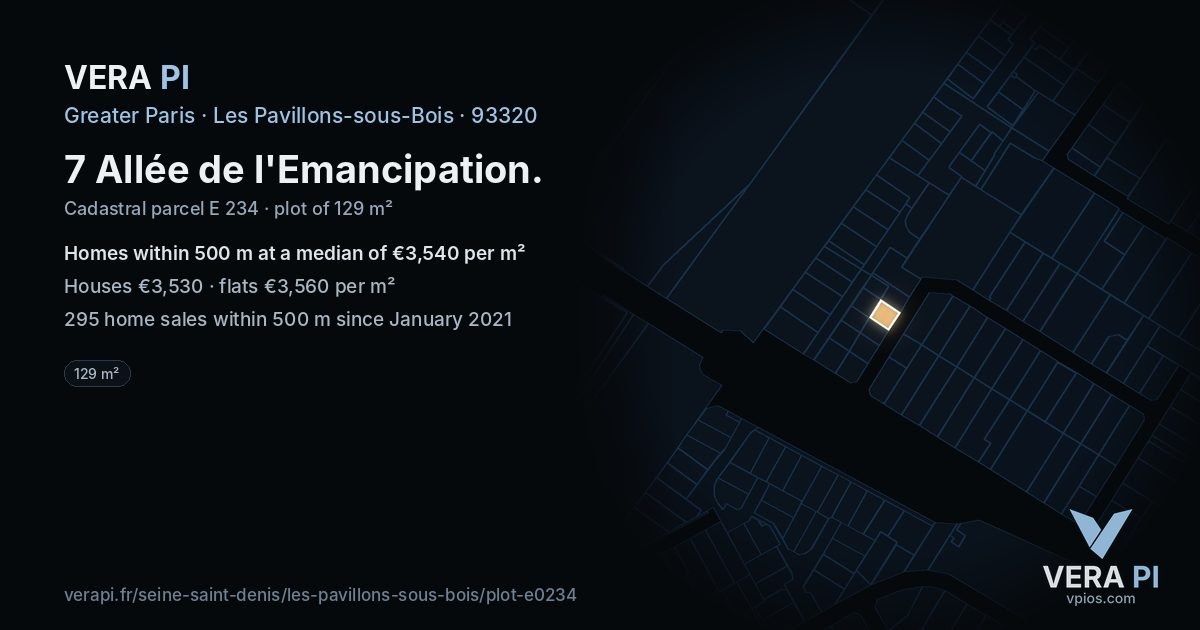 7 Allée de l'Emancipation, Les Pavillons-sous-Bois at night – the plot lit, the parcels around coloured by the prices near them