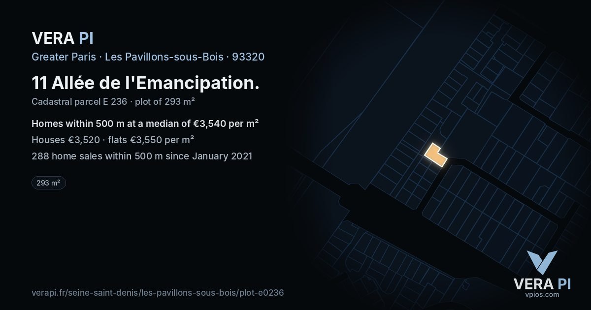 11 Allée de l'Emancipation, Les Pavillons-sous-Bois at night – the plot lit, the parcels around coloured by the prices near them